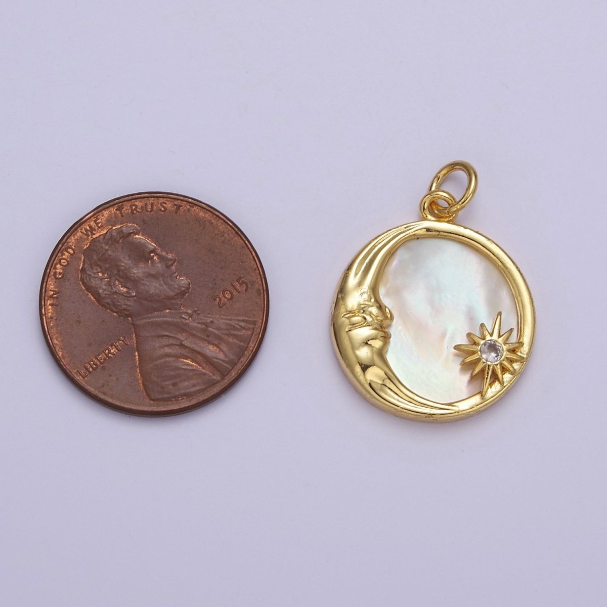 14K Gold Filled Celestial Crescent Moon Star Mother of Pearl Round Charm E-656 - DLUXCA