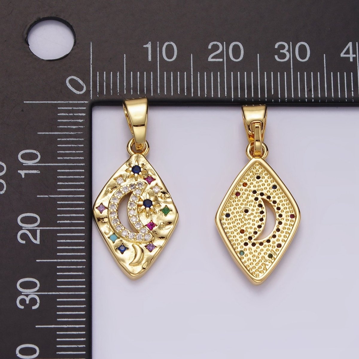 14K Gold Filled Celestial Crescent Moon Star Multicolor CZ Open Hammered Rhombus Pendant | AA510 - DLUXCA