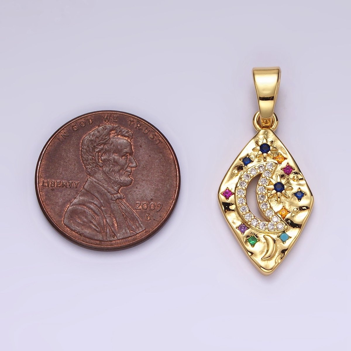 14K Gold Filled Celestial Crescent Moon Star Multicolor CZ Open Hammered Rhombus Pendant | AA510 - DLUXCA