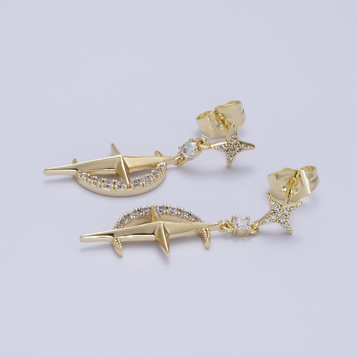 14K Gold Filled Celestial Crescent Moon Stars Micro Paved CZ Drop Stud Earrings Set | AD1469 - DLUXCA