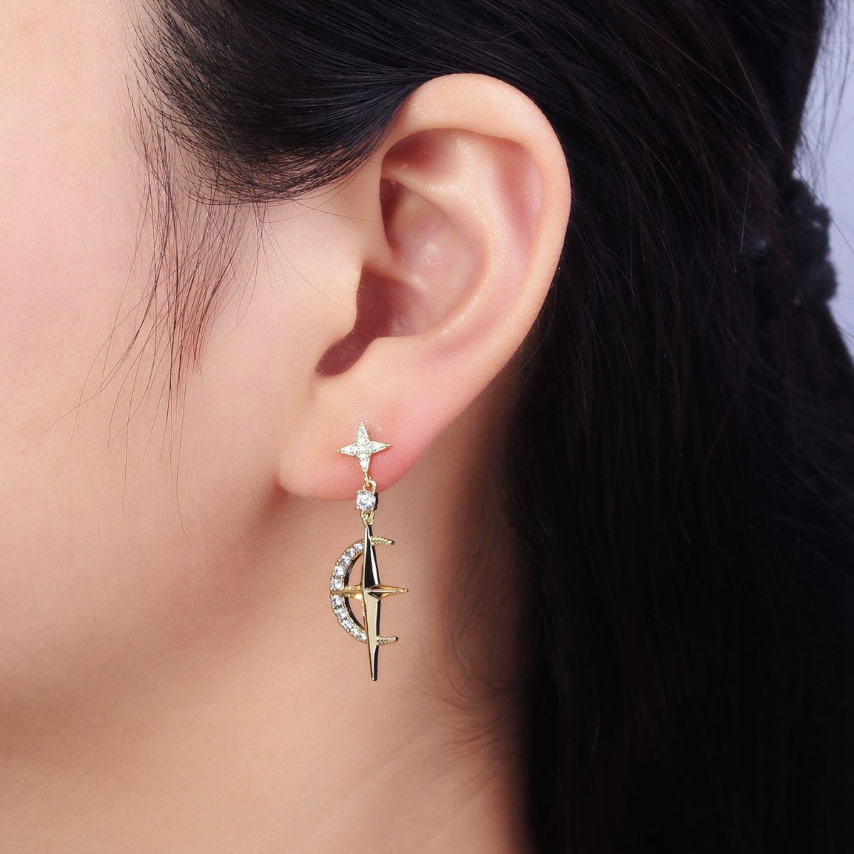 14K Gold Filled Celestial Crescent Moon Stars Micro Paved CZ Drop Stud Earrings Set | AD1469 - DLUXCA