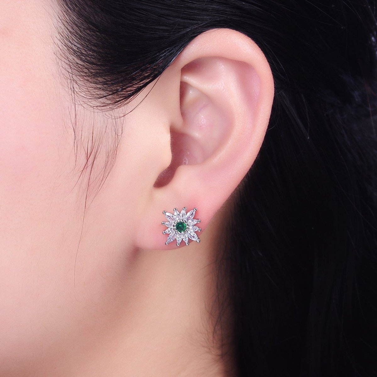 14K Gold Filled Celestial Emerald Green Flower Marquise Petal Stud Earrings in Gold & Silver | X-935 AB1505 - DLUXCA