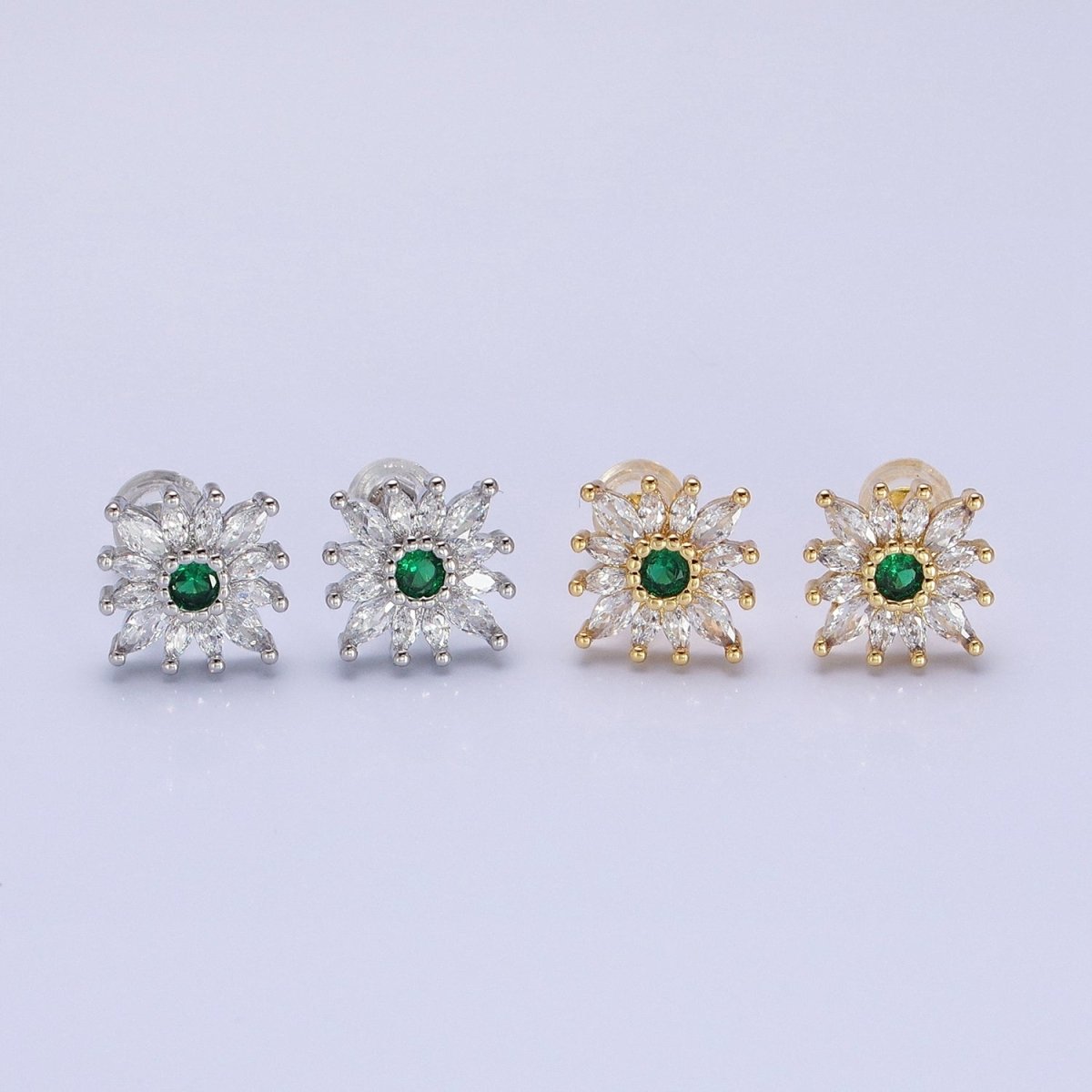 14K Gold Filled Celestial Emerald Green Flower Marquise Petal Stud Earrings in Gold & Silver | X-935 AB1505 - DLUXCA