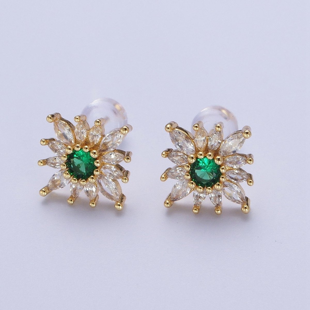 14K Gold Filled Celestial Emerald Green Flower Marquise Petal Stud Earrings in Gold & Silver | X-935 AB1505 - DLUXCA