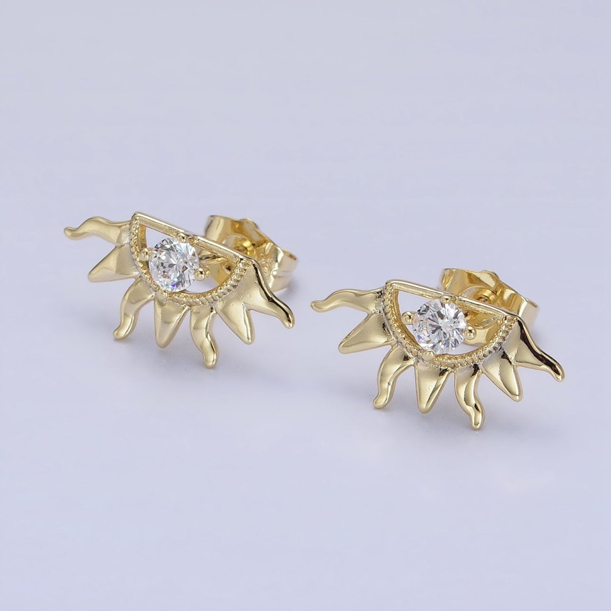 14K Gold Filled Celestial Sun Ray Beam Evil Eye Clear CZ Stud Earrings | AD1386 - DLUXCA
