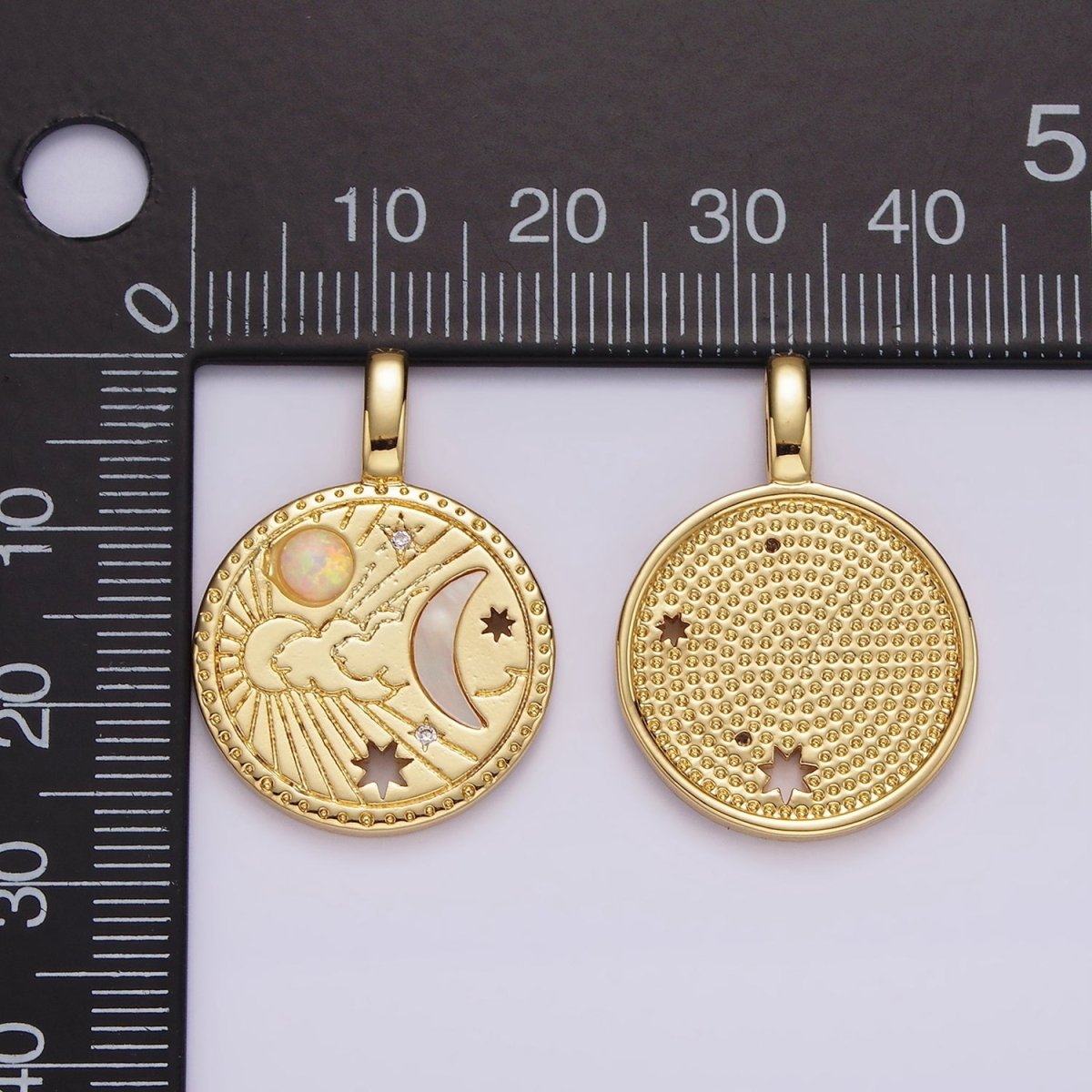 14K Gold Filled Celestial Sun Shell Pearl Crescent Moon CZ Open Star White Opal Round Charm | AH035 - DLUXCA
