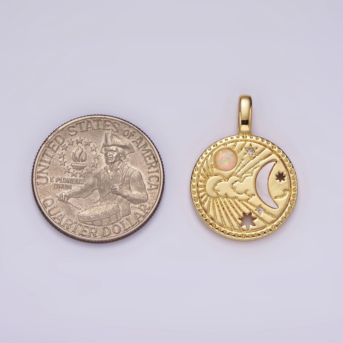 14K Gold Filled Celestial Sun Shell Pearl Crescent Moon CZ Open Star White Opal Round Charm | AH035 - DLUXCA