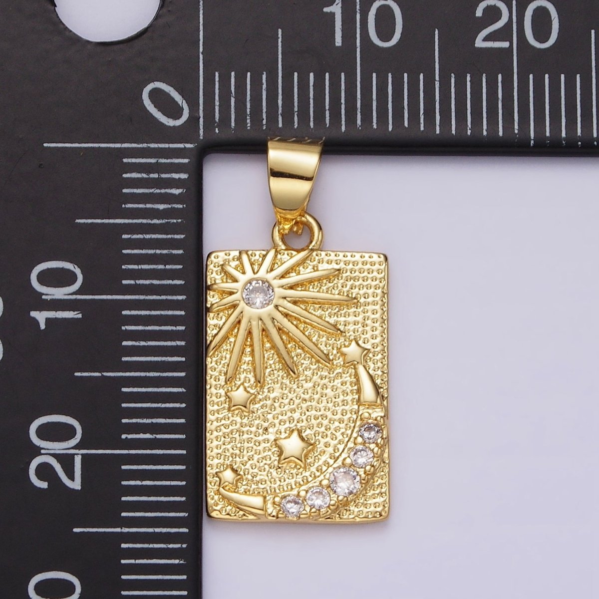 14K Gold Filled Celestial Sun Stars Crescent Moon CZ Micro Paved Dotted Rectangular Tag Pendant | N1921 - DLUXCA