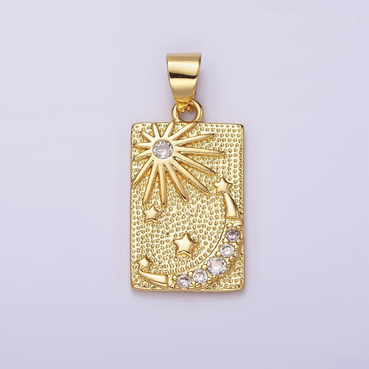 14K Gold Filled Celestial Sun Stars Crescent Moon CZ Micro Paved Dotted Rectangular Tag Pendant | N1921 - DLUXCA