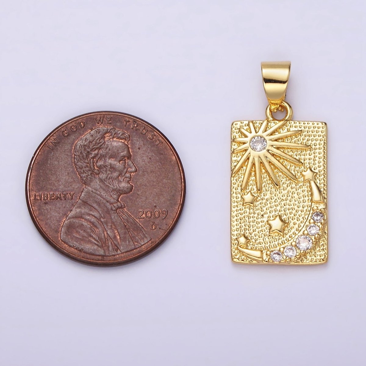 14K Gold Filled Celestial Sun Stars Crescent Moon CZ Micro Paved Dotted Rectangular Tag Pendant | N1921 - DLUXCA