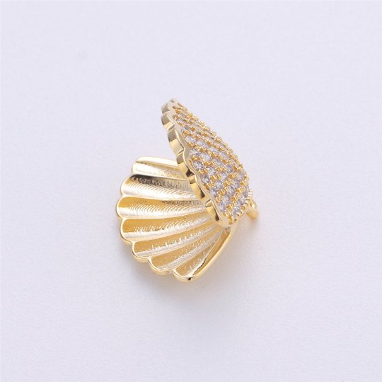 14k Gold Filled Charm Clam Shell, 15mm, Micro Pave Shell Charm Open Clam Shell PendantC-472 - DLUXCA