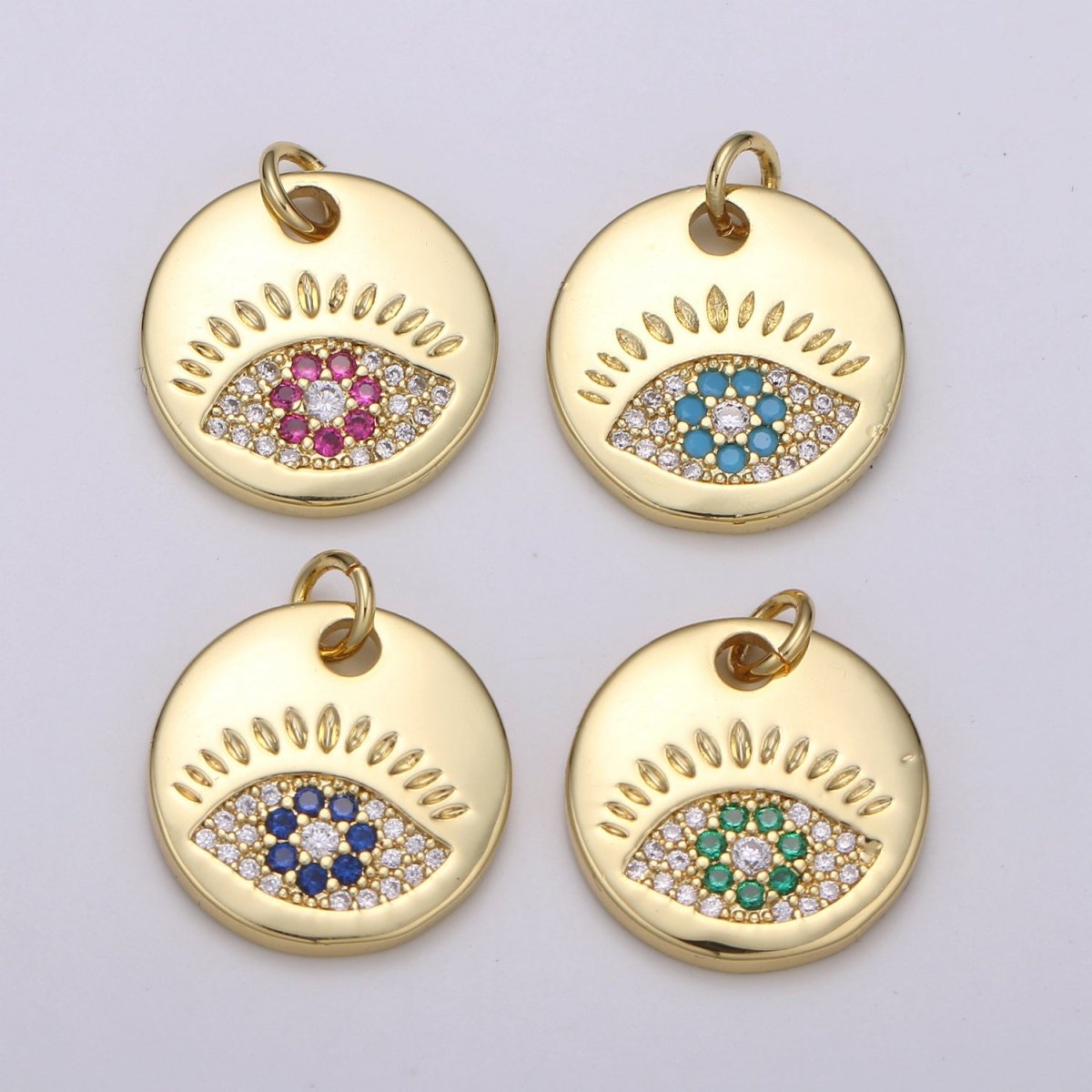 14k Gold Filled Charm CZ Micro Pave Evil Eye Round Coin Pendant Medallion Charm Cubic Zirconia Charm for Necklace Bracelet Supply E-051 - E-054 - DLUXCA