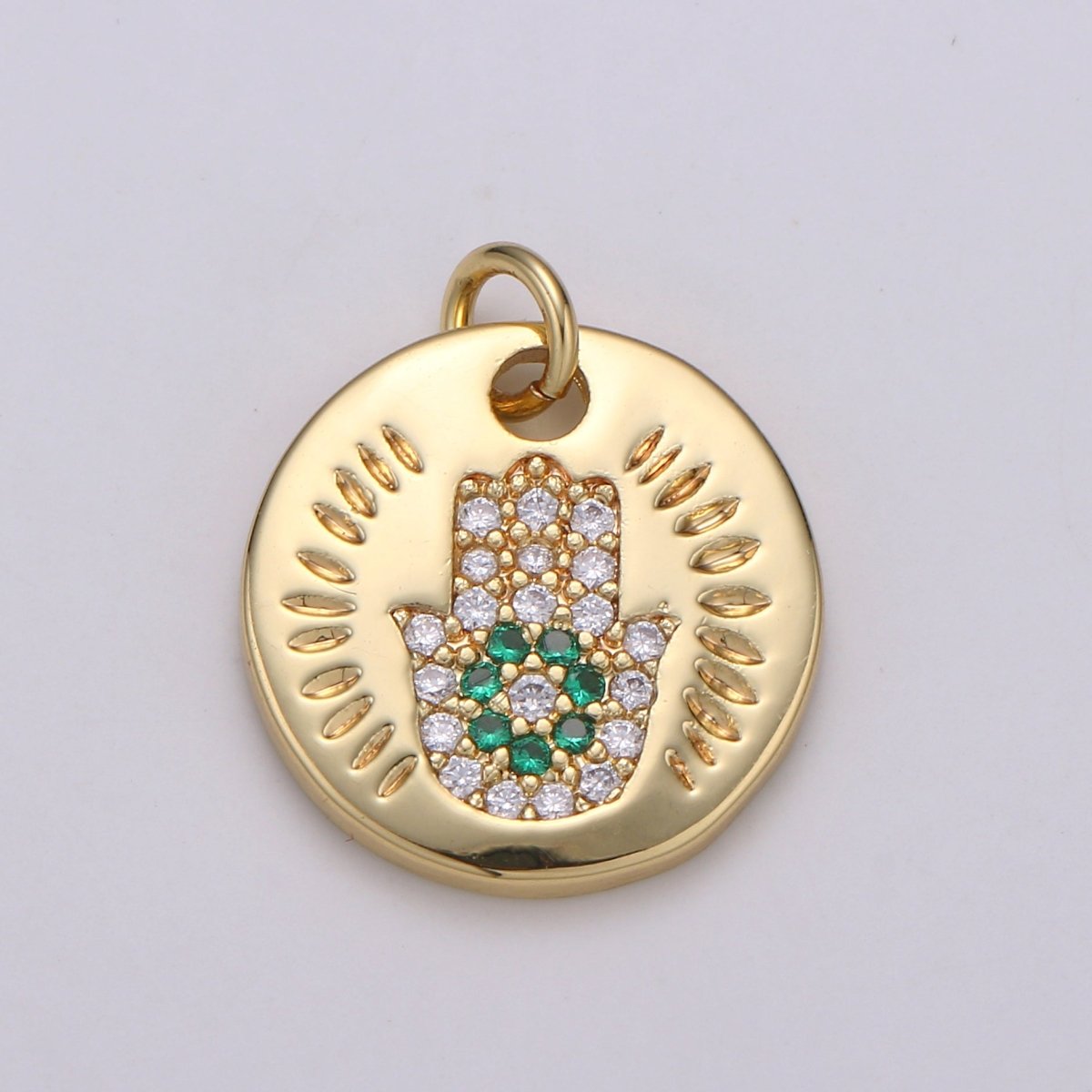 14k Gold Filled Charm CZ Micro Pave Hamsa Hand Round Coin Pendant Medallion Charm Cubic Zirconia Charm for Necklace Bracelet Supply E-056~E-059 - DLUXCA