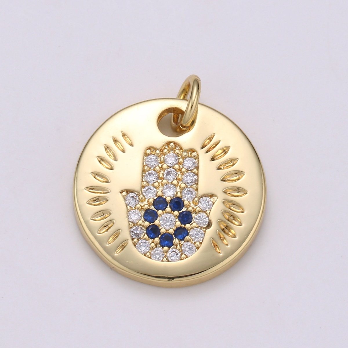 14k Gold Filled Charm CZ Micro Pave Hamsa Hand Round Coin Pendant Medallion Charm Cubic Zirconia Charm for Necklace Bracelet Supply E-056~E-059 - DLUXCA