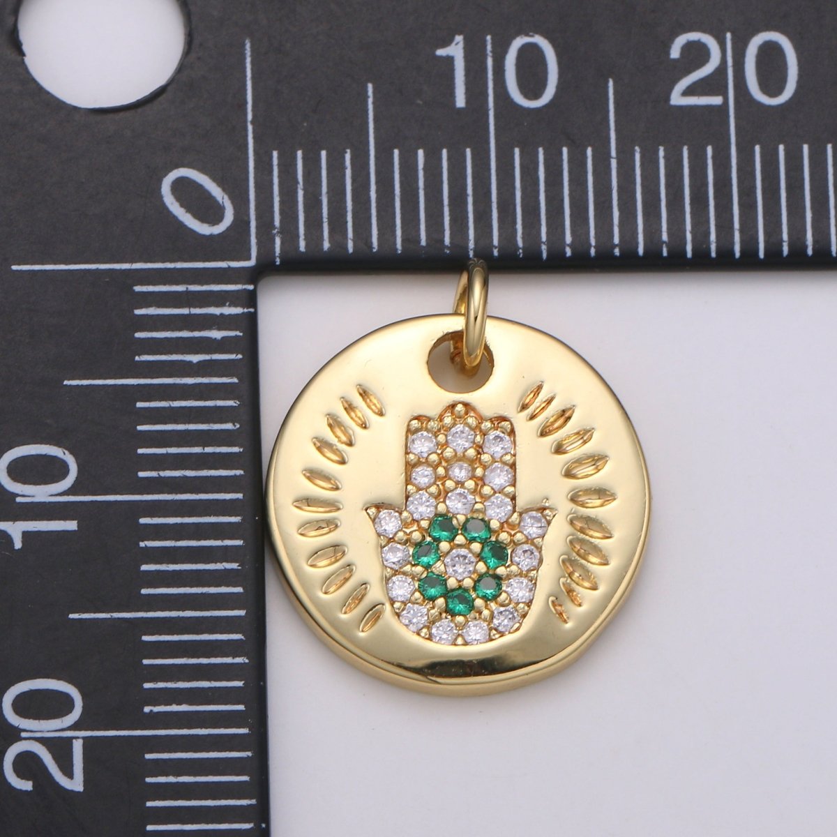 14k Gold Filled Charm CZ Micro Pave Hamsa Hand Round Coin Pendant Medallion Charm Cubic Zirconia Charm for Necklace Bracelet Supply E-056~E-059 - DLUXCA