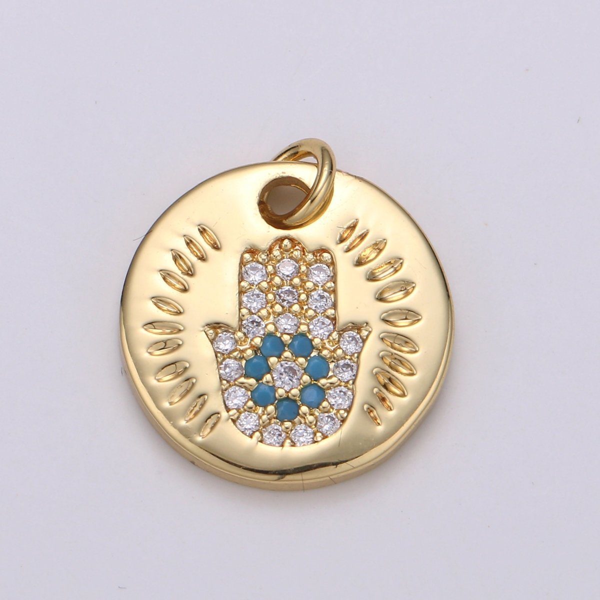 14k Gold Filled Charm CZ Micro Pave Hamsa Hand Round Coin Pendant Medallion Charm Cubic Zirconia Charm for Necklace Bracelet Supply E-056~E-059 - DLUXCA