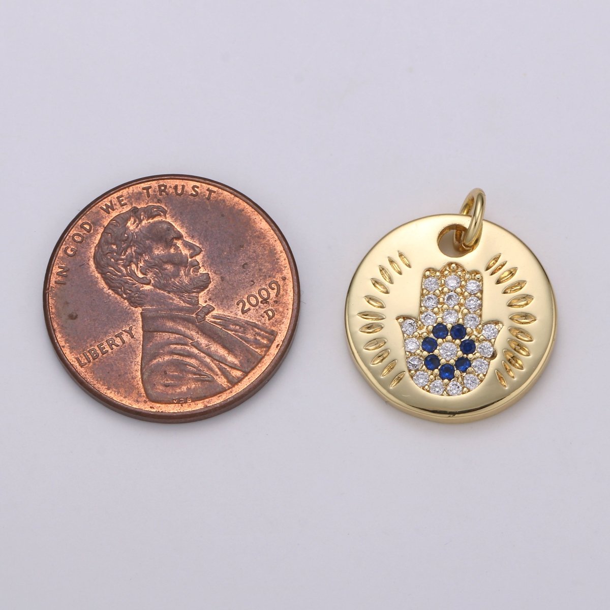 14k Gold Filled Charm CZ Micro Pave Hamsa Hand Round Coin Pendant Medallion Charm Cubic Zirconia Charm for Necklace Bracelet Supply E-056~E-059 - DLUXCA