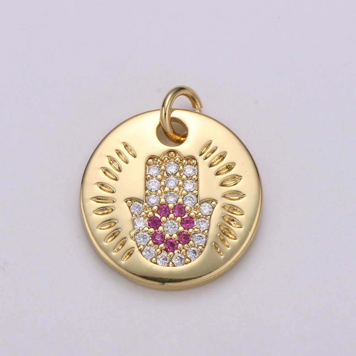 14k Gold Filled Charm CZ Micro Pave Hamsa Hand Round Coin Pendant Medallion Charm Cubic Zirconia Charm for Necklace Bracelet Supply E-056~E-059 - DLUXCA