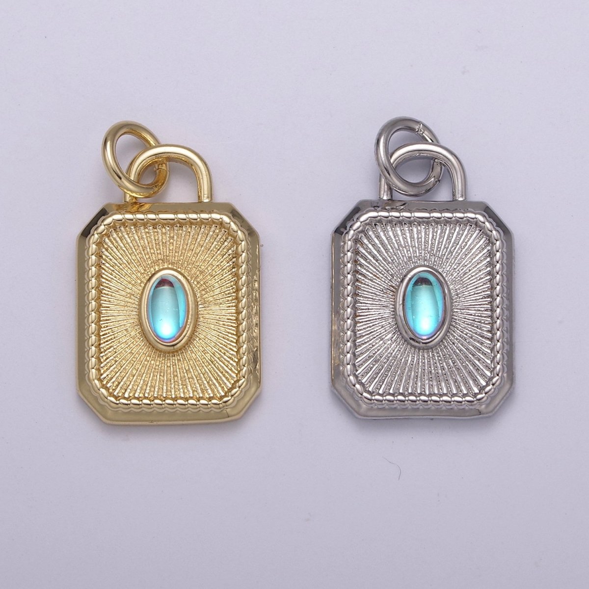 14k Gold filled Charm Geometric Tag Tile rectangle charm w/ Moonstone Medallion pendant, Necklace supply, Jewelry makings N-209 N-210 - DLUXCA