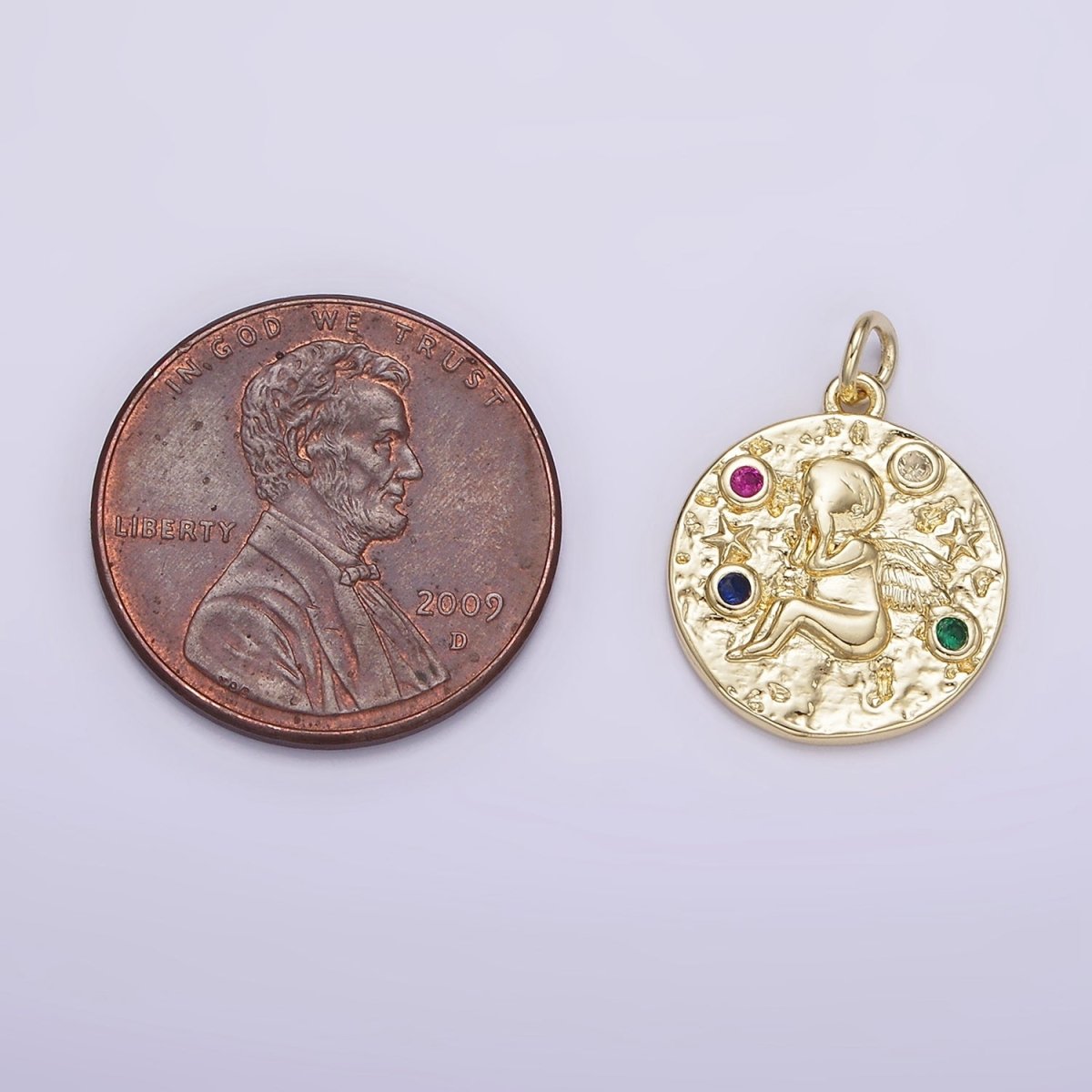 14K Gold Filled Cherub Baby Angel Cupid Multicolor CZ Celestial Star Textured Round Charm | AG186 - DLUXCA