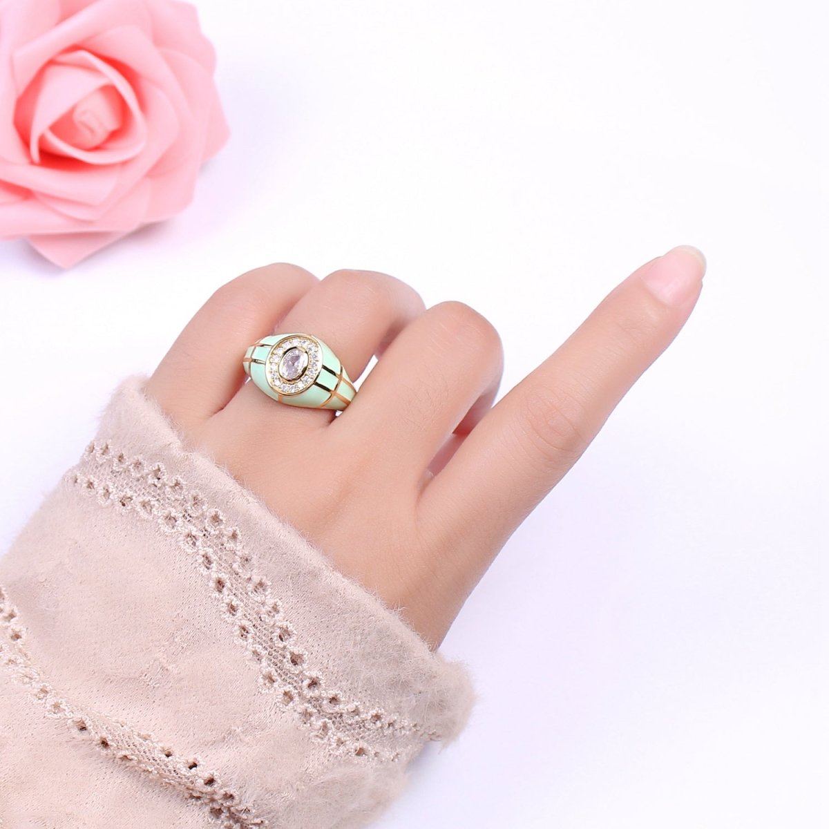 14K Gold Filled Chunky Colorful Ring • Dome Cocktail Ring • ENAMEL Pink Green Black White Ring U-137 ~ U-141 - DLUXCA