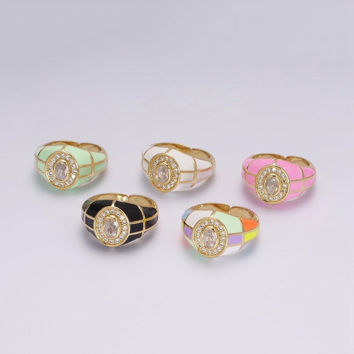 14K Gold Filled Chunky Colorful Ring • Dome Cocktail Ring • ENAMEL Pink Green Black White Ring U-137 ~ U-141 - DLUXCA
