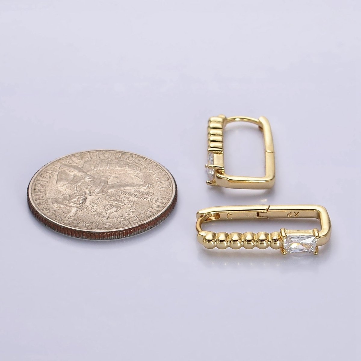 14K Gold Filled Clear Baguette CZ Round Beaded Oblong Hoop Earrings | AE587 - DLUXCA