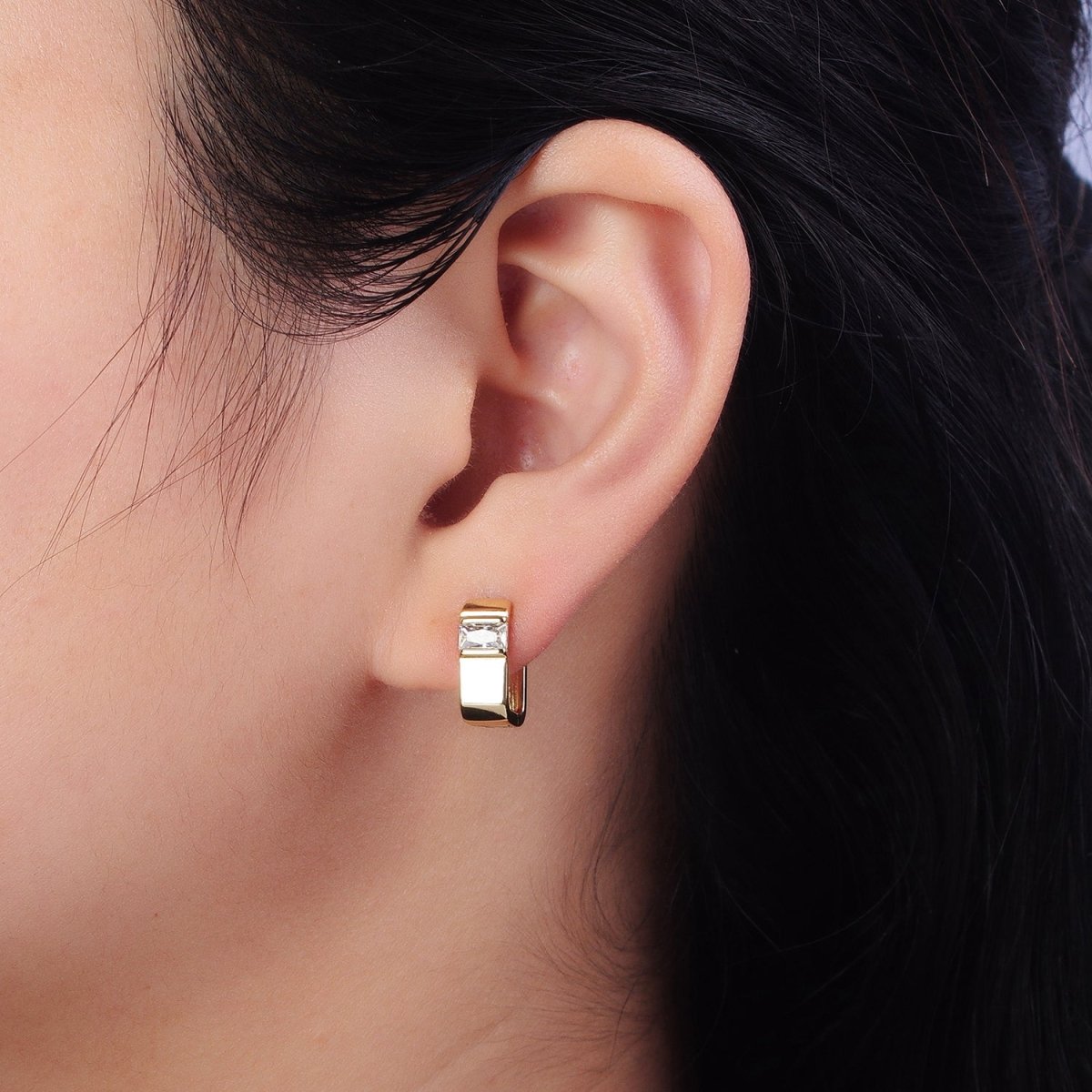 14K Gold Filled Clear Baguette CZ Wide U-Shaped Hoop Earrings | AB234 - DLUXCA