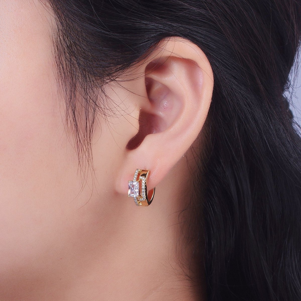 14K Gold Filled Clear Baguette Micro Paved Double Band Huggie Earrings | V-026 - DLUXCA