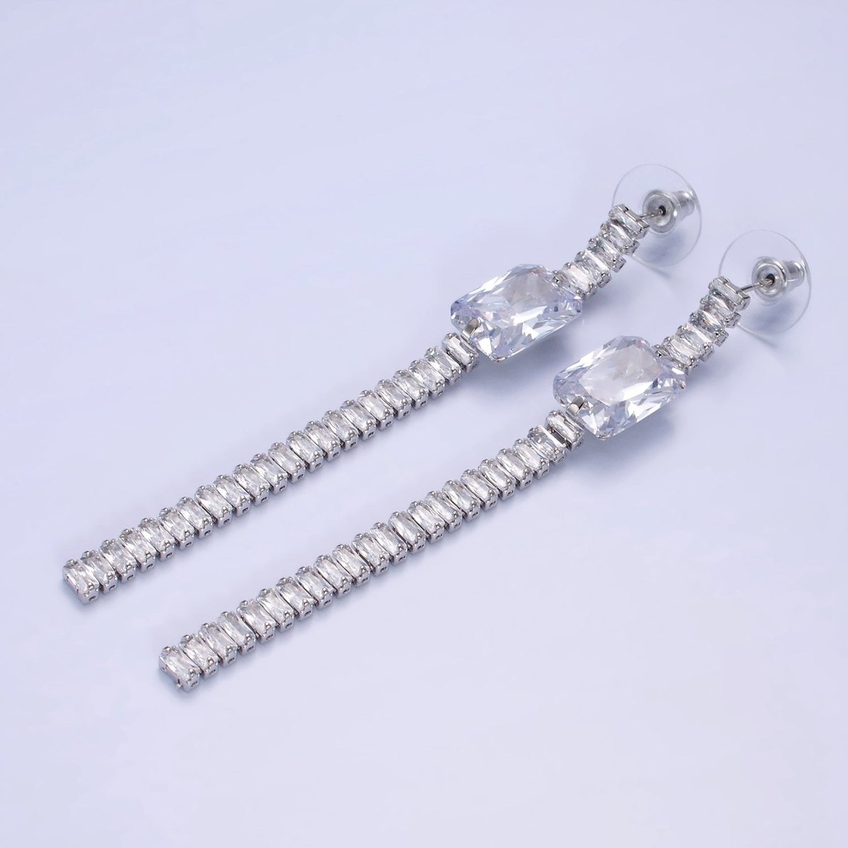 14K Gold Filled Clear Baguette Tennis Chain Drop Stud Earrings in Gold & Silver | AE509 AE510 - DLUXCA