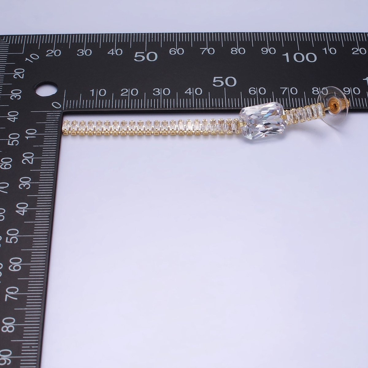 14K Gold Filled Clear Baguette Tennis Chain Drop Stud Earrings in Gold & Silver | AE509 AE510 - DLUXCA