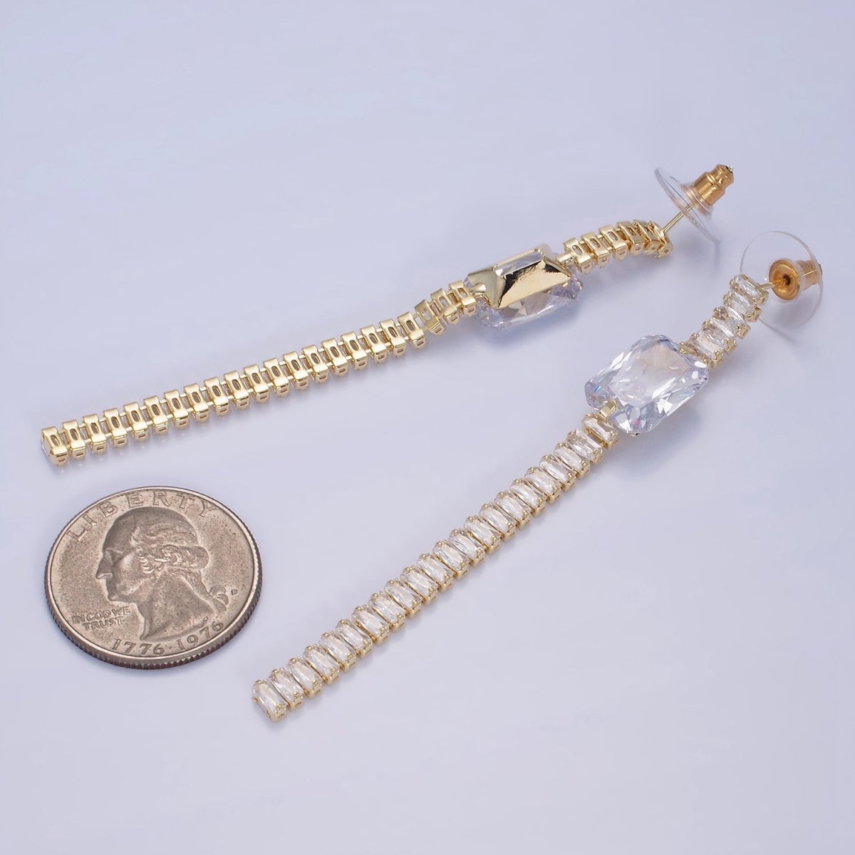 14K Gold Filled Clear Baguette Tennis Chain Drop Stud Earrings in Gold & Silver | AE509 AE510 - DLUXCA