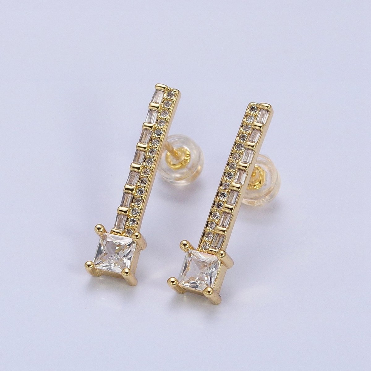 14K Gold Filled Clear, Blue Multicolor Baguette Micro Paved Square CZ Linear Drop Stud Earrings in Gold & Silver | AB1519 - AB1522 - DLUXCA