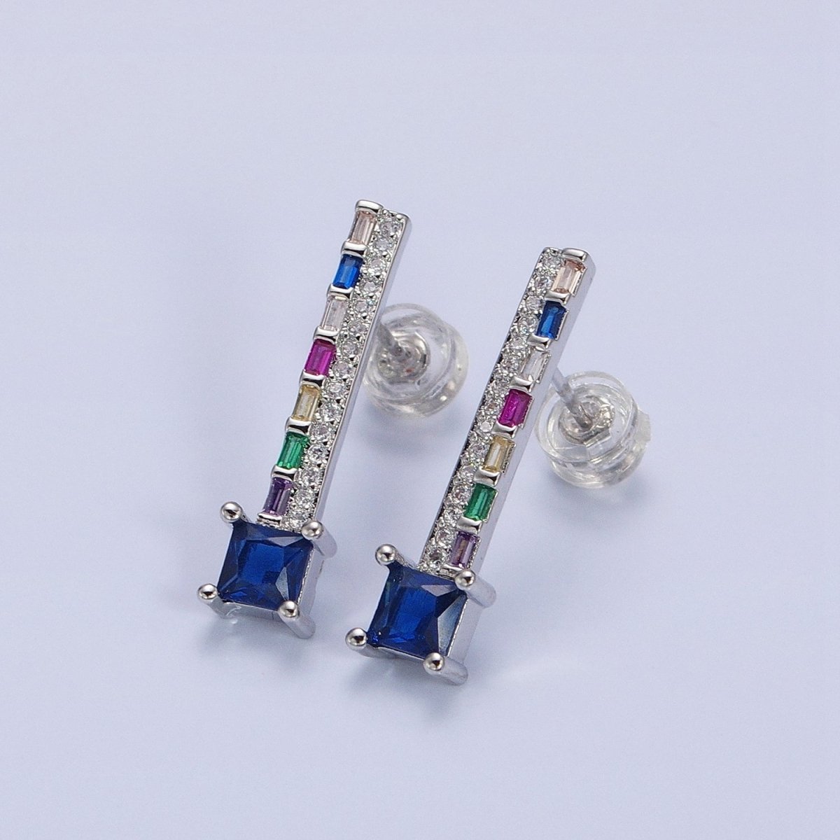 14K Gold Filled Clear, Blue Multicolor Baguette Micro Paved Square CZ Linear Drop Stud Earrings in Gold & Silver | AB1519 - AB1522 - DLUXCA