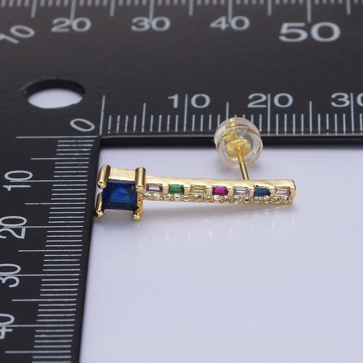 14K Gold Filled Clear, Blue Multicolor Baguette Micro Paved Square CZ Linear Drop Stud Earrings in Gold & Silver | AB1519 - AB1522 - DLUXCA