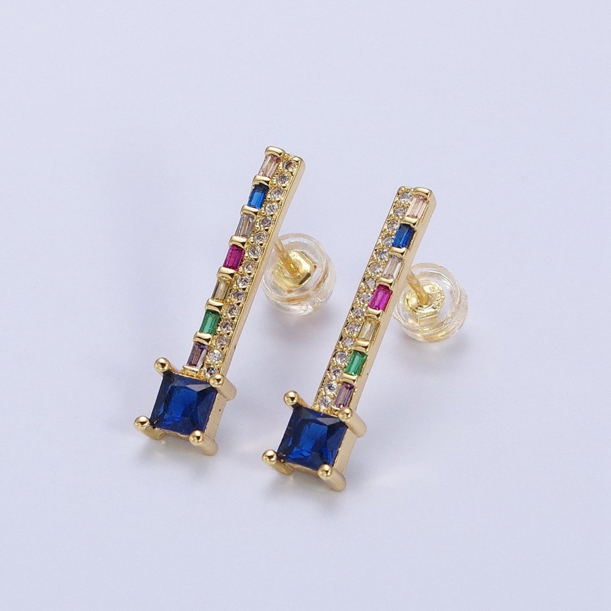 14K Gold Filled Clear, Blue Multicolor Baguette Micro Paved Square CZ Linear Drop Stud Earrings in Gold & Silver | AB1519 - AB1522 - DLUXCA