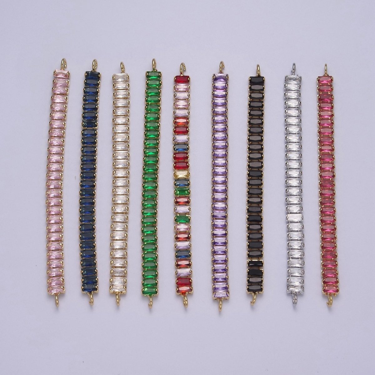 14k Gold Filled Clear / Colorful CZ Rectangular Baguette Paved connector Bendable Long Bar Connector for DIY Bracelet Component F-010 F-011 F-017 F-025 F-026 F-028 F-033 F-037 F-046 - DLUXCA