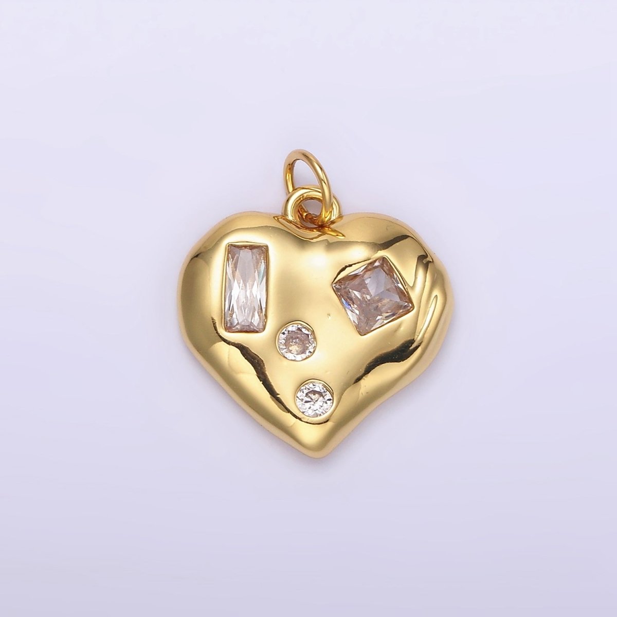 14K Gold Filled Clear CZ Baguette Dotted Molten Heart Charm in Gold & Silver | N1163 N1164 - DLUXCA