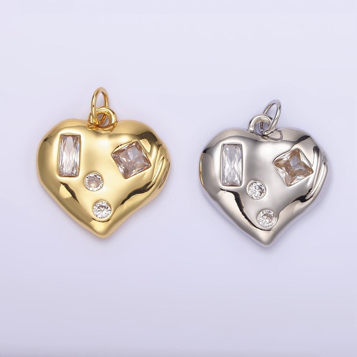 14K Gold Filled Clear CZ Baguette Dotted Molten Heart Charm in Gold & Silver | N1163 N1164 - DLUXCA