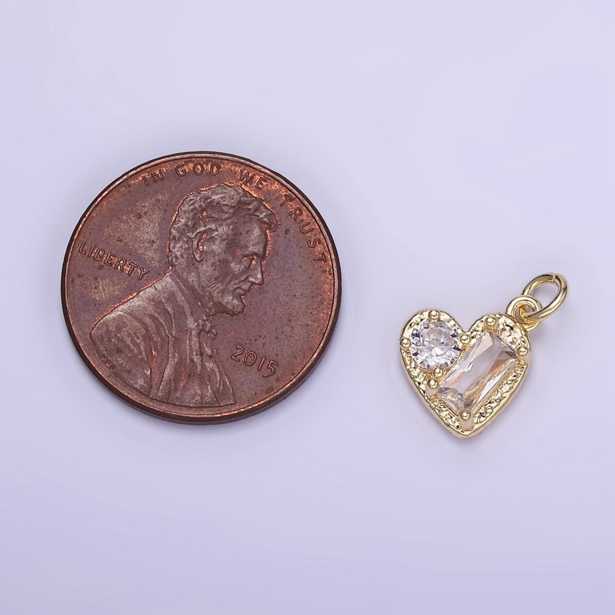 14K Gold Filled Clear CZ Baguette Round Hammered Heart Mini Charm | W547 - DLUXCA