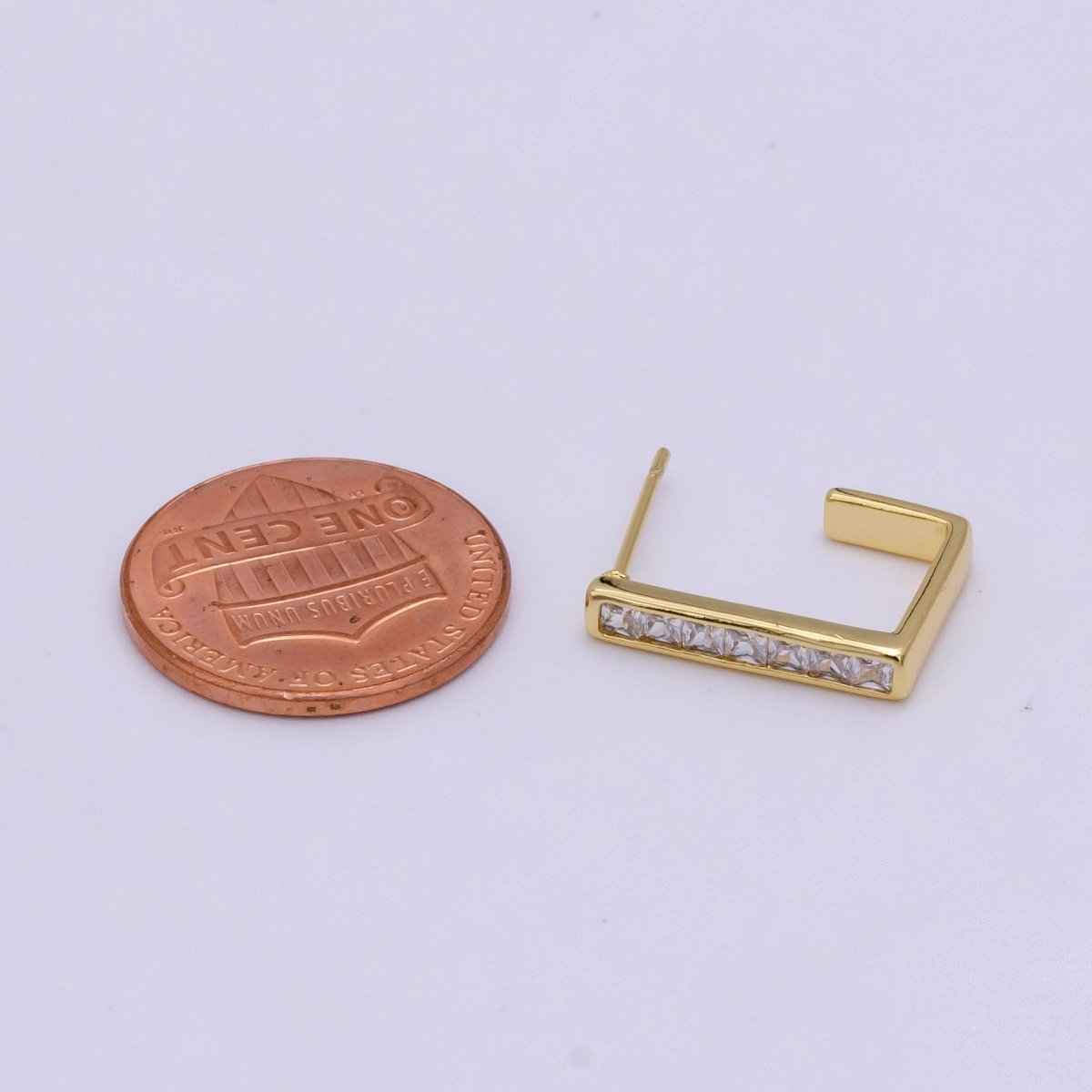 14K Gold Filled Clear CZ Baguette Square Lined J-Shaped Hoop Earrings | AE196 - DLUXCA