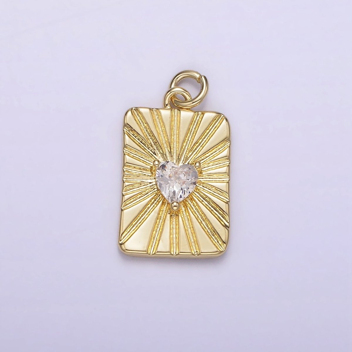 14K Gold Filled Clear CZ Heart Celestial Sun burst Ray Tag Rectangular Charm | AG214 - DLUXCA