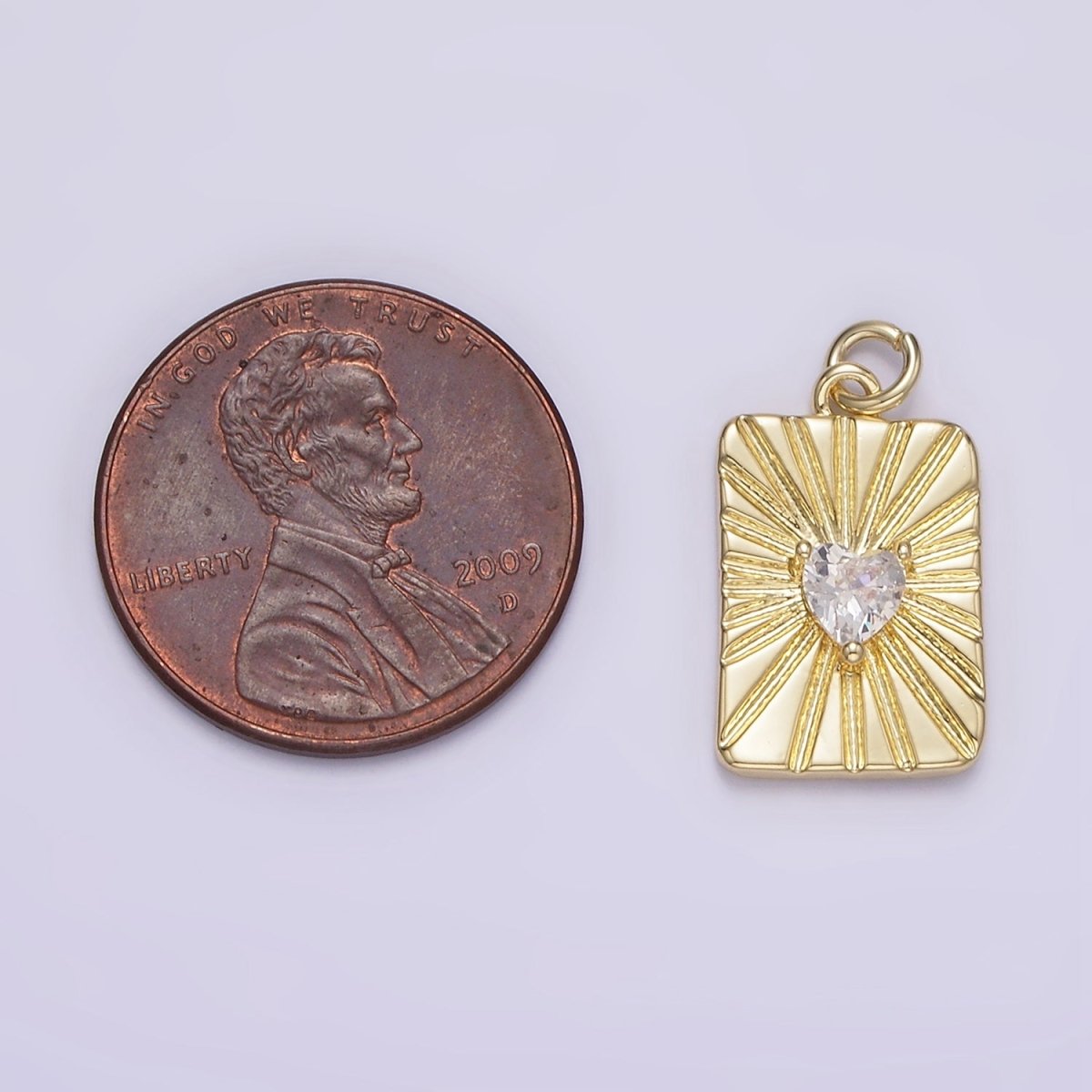 14K Gold Filled Clear CZ Heart Celestial Sun burst Ray Tag Rectangular Charm | AG214 - DLUXCA