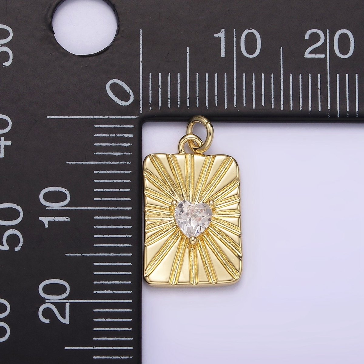 14K Gold Filled Clear CZ Heart Celestial Sun burst Ray Tag Rectangular Charm | AG214 - DLUXCA