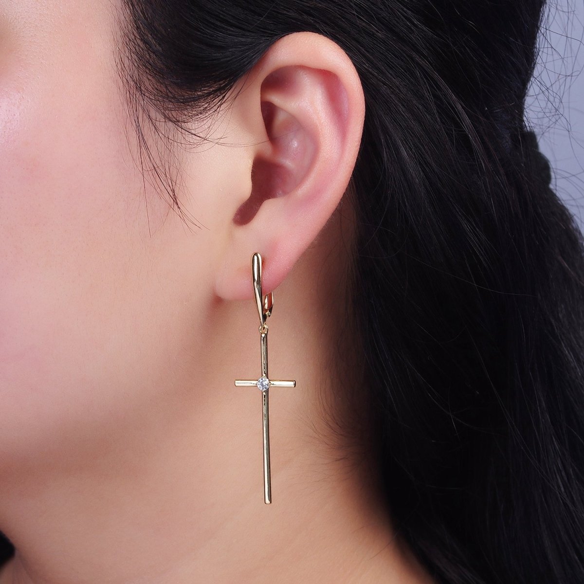 14K Gold Filled Clear CZ Latin Cross Drop English Lock Hoop Earrings | AE402 - DLUXCA