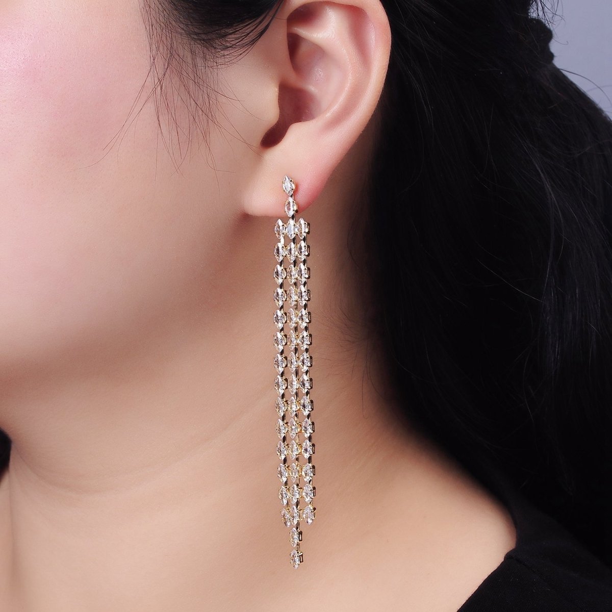 14K Gold Filled Clear CZ Marquise Triple Lined Drop Stud Earrings in Gold & Silver | AE505 AE506 - DLUXCA