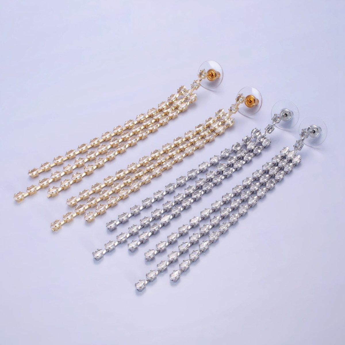 14K Gold Filled Clear CZ Marquise Triple Lined Drop Stud Earrings in Gold & Silver | AE505 AE506 - DLUXCA