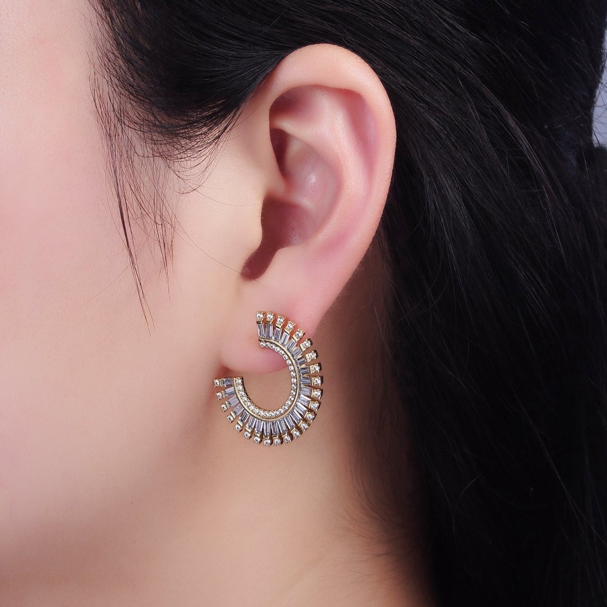 14K Gold Filled Clear CZ Micro Paved Baguette Circular Stud Earrings Set | AE403 - DLUXCA