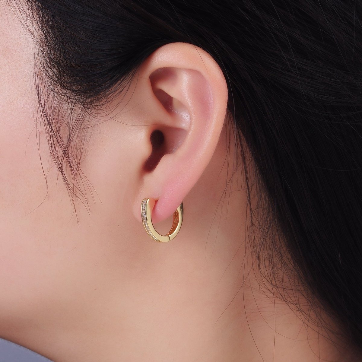 14K Gold Filled Clear CZ Mini Baguette Lined Huggie Earrings | AB1259 - DLUXCA