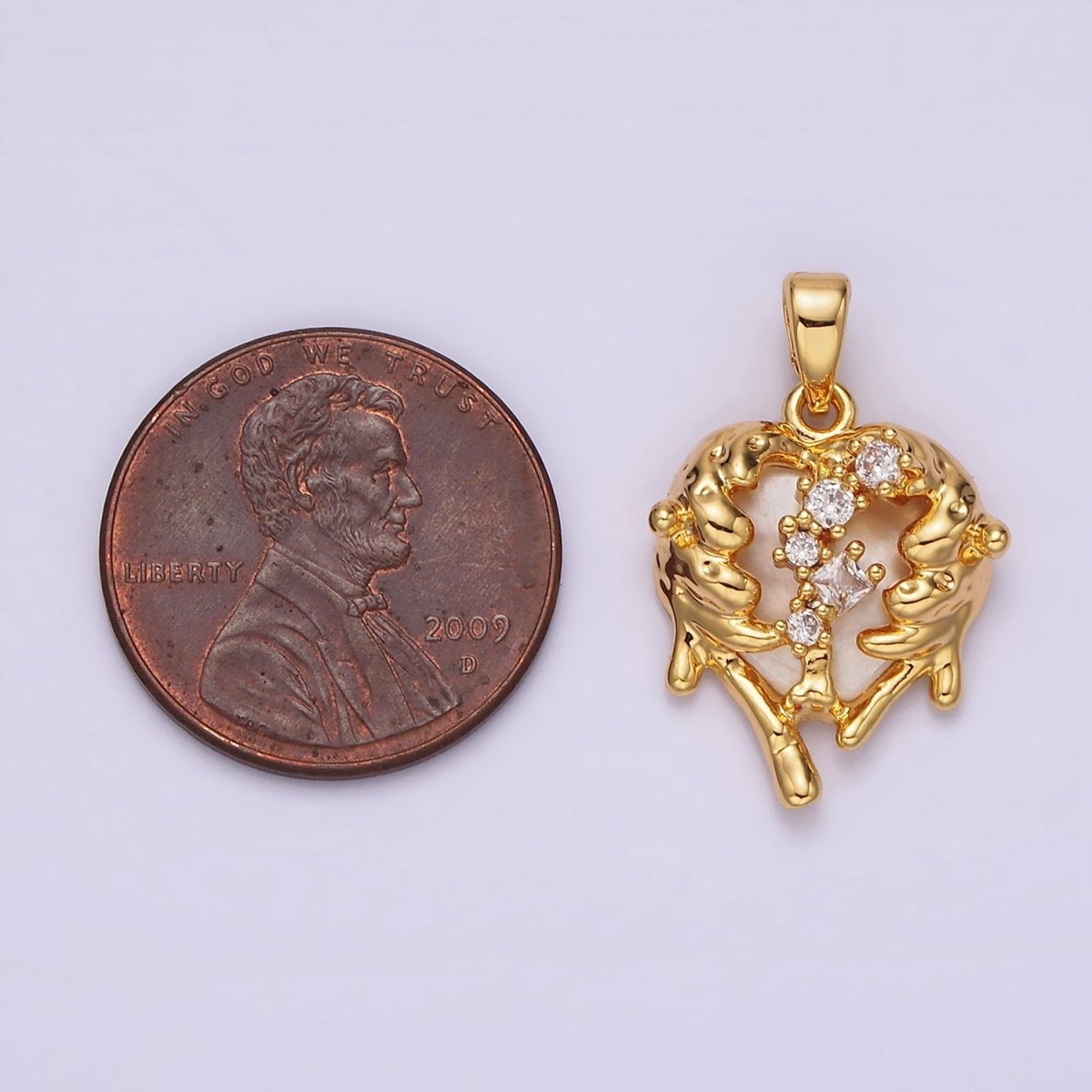 14K Gold Filled Clear CZ Molten Drip Shell Pearl Heart Pendant in Gold & Silver | N1793 N1794 - DLUXCA